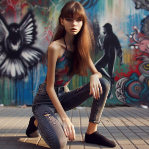 teenage girl, long brown hair and bangs, wearing tight skinny jeans and a halter top paint marks on her clothing, heroic pose Asian graffiti background, nearing on one knee