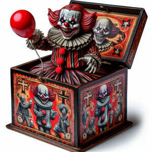 colorful antique jack-in-the-box toy. A macabre clown figure res...