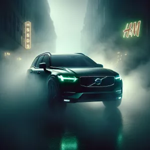 A black VOLVO XC60 with glowing green headlights piercing throug...