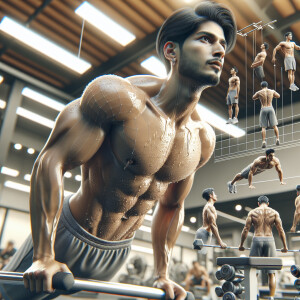 Create a 3D Ultrahigh hyper realistic picture of a guy doing dip...