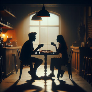 A male shadow figure and a female shadow figure,  sitting in a c...