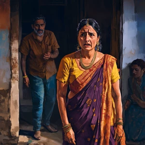 High-definition digital artwork featuring a Gujarati woman in he...