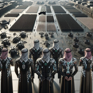 Generate a picture of 5 Muslim army generals with their backs sh...