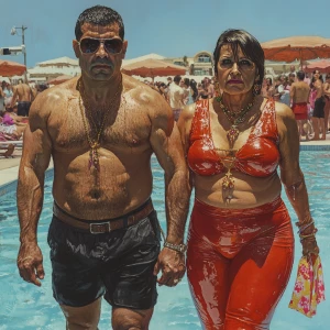 Realism,paintrealism,a muscular beefy criminal man walking with...