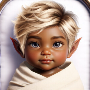 An elven baby with dark brown skin, blue eyes, and blonde hair.