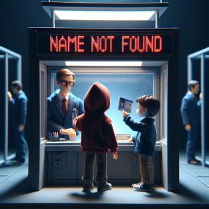 "Inside a tiny, intricate stop-motion booth, a young student figure in a hoodie holds up a miniature student ID card. The screen in front of him flashes 'NAME NOT FOUND' in bright red digital text. A well-dressed student figure in a tiny, navy blue suit stands behind the booth with a composed expression, his hands neatly resting at his sides. The scene is lit by cool fluorescent lights from above, casting crisp geometric shadows on the booth and floor, giving the moment a still, suspenseful quality."