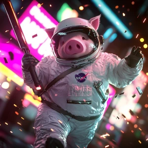 Cartoon cute pig in vintage white spacesuit and NASA style helme...