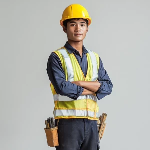 A young Myanmar male construction worker standing in a studio se...