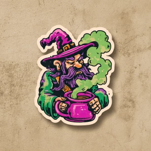 Create a sticker for hand-drawn wizard brewing coffee, fun bold...