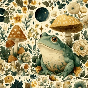Whimsical illustrated frog, mushrooms, moon phases, mystical for...