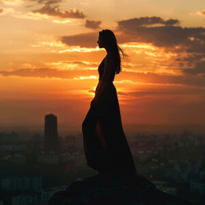 Fair-skinned woman with dark long hair, elegant and composed, st...