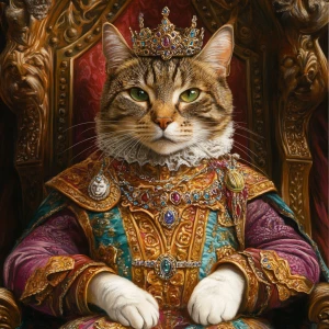A regal cat adorned in an elaborate, colorful royal attire, comp...
