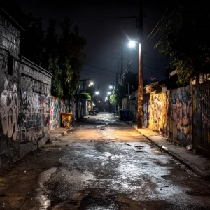 A graffiti-covered alley in Los Angeles, California, illuminated...