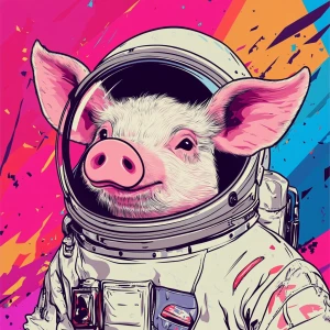 Cute cartoon pig in vintage white spacesuit and NASA style helme...