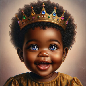 "Create a digital portrait of an adorable african-American baby girl with a joyful expression. She is wearing a gold crown with colorful jewels. Her big, bright blue eyes are wide with wonder, and her tiny mouth is shaped in a happy grin. Her skin has a warm, honey-brown tone, and she has an abundance of thick curly black hair, The background is soft and neutral to keep the focus on her delightful features. The portrait should be vibrant and heartwarming, celebrating the innocence and charm of childhood."