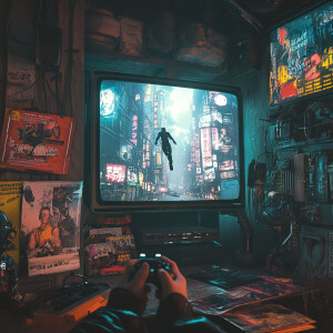 A detailed first-person perspective of someone playing a futuris...