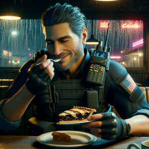 Leon from Resident Evil, eating pie