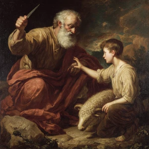 Abraham with a knife raised to a boy with a ram beside him