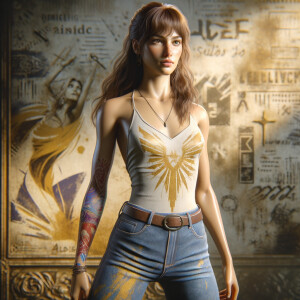 Athletic Thin skinny Attractive, Asian teenage girl, long brown hair and bangs, wearing tight skinny jeans and a halter top paint marks on her clothing, heroic pose Asian graffiti background, side view