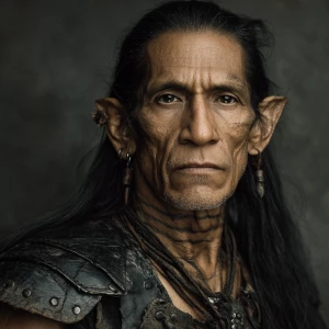 55 year old Native American man with pointy elf ears that is 6’0...