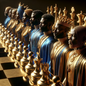 3-D realistic oil, painting,of a gold and black human chessboard...