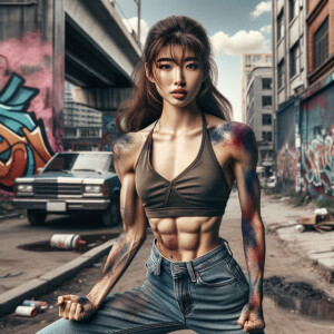 Very thin Athletic Thin skinny Attractive, Asian teenage girl, long brown hair and bangs, wearing tight skinny jeans and a halter top paint marks on her clothing, sitting side view heroic pose Asian graffiti