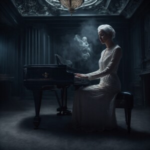 Ghostly skeletal woman figure, aged 125, wrinkled skin, wispy wh...