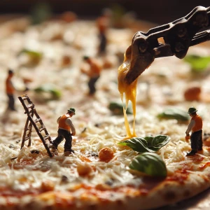 The tiny workers move dynamically across the pizza surface, care...