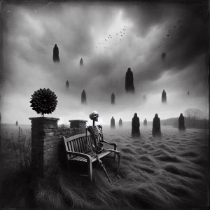 Generate a monochrome image of a desolate, grassy field enclosed...