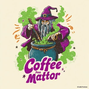 /imagine hand-drawn wizard in cloak brewing coffee in a cauldron...
