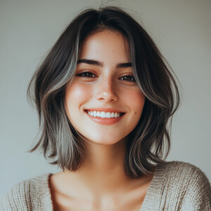 A shoulder length brunette with grey streaks in her hair and a r...