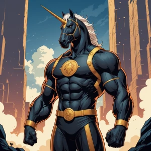 Design an illustration showcasing a full standings image of the black stallion (the Unicorn Man archenemy) , a powerful superhero with a muscular build and commanding presence. His distinctive, eye-catching costume should include a prominent emblem.