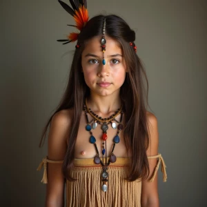 A Native American teenager, dressed in her tribe's traditional a...