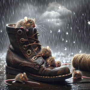 a family of mice scavenging in an old boot in the rain with rain...