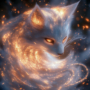Create an image of a kitsune with nine glowing tails, each emitt...