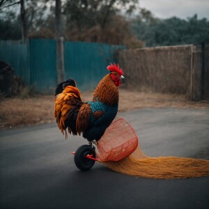 A drone drops a net on a rooster riding a Xiaomi scooter