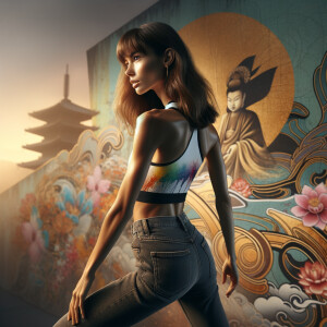 Athletic Thin skinny Attractive, Asian teenage girl, long brown hair and bangs, wearing tight skinny jeans and a halter top paint marks on her clothing, heroic pose Asian graffiti background, backside view