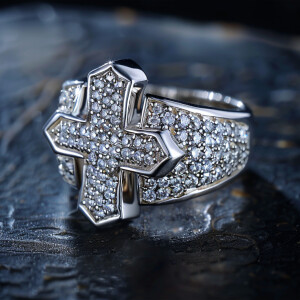 Sterling silver ring featuring a cross design adorned with stunn...