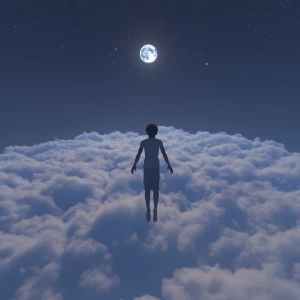 Please generate a black person floating above the clouds at nigh...