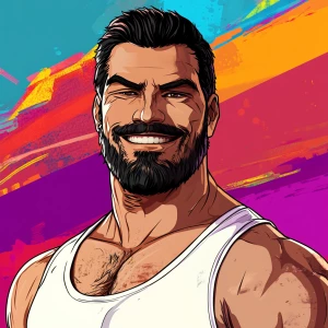 White muscular thin man with beard, big chin, smile and cheekbon...