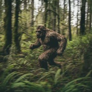 A humanoid looking haircovered sasquatch running fast through th...