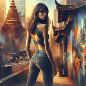 Athletic Thin skinny Attractive, Asian teenage girl, long brown hair and bangs, wearing tight skinny jeans and a halter top paint marks on her clothing, heroic pose Asian graffiti background, backside view