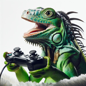 A cheerful green iguana engaged in playing a video game, with a...