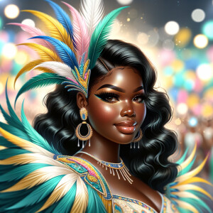 Create a 3-D  vivid full-body view of a colorful glossy hyper-realistic oil painting of a detailed illustration full length photo single image of a beautiful African-American caramel skinned woman plus sized, with long, black, wavy hair, her make up is airbrushed and flawless, she is dressed in a white, teal and yellow large, elaborate, elegant, very detailed carnival costume with colorful African-American pink, blue, gold yellow green feathers, flawless makeup, prominent lashes, black peep toe heels, white pixie hair, background bokeh, she is stunning and smiling, digital art.