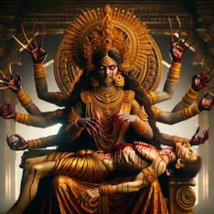 portrait of angry looking, four-armed indian goddess sitting on...