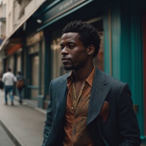 A confident black man strolling through the streets, exuding sty...