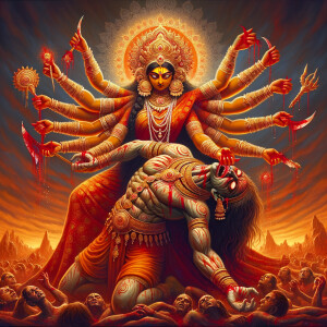 Portrait of angry four-armed goddess durga slaying mahishasur by carrying him in her arms and stabbing him with her red long nails. she should wear Gold jewelry all over the body. Mahishasur should have wounds all over his body. mahishasur should be smaller in size compared to Goddess durga. Background is an intense battlefield. reddish hue everywhere and sunset in the background.  Epic scene. 4k, HDR.