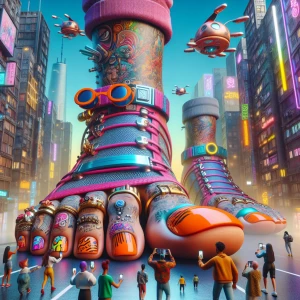 A surreal scene of giant human feet walking through a neon-lit c...