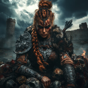 Powerful female barbarian warrior in ornate battle-worn armor wi...