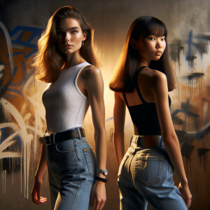 Athletic Thin skinny Attractive, Asian teenage girl, long brown hair and bangs, wearing tight skinny jeans and a halter top paint marks on her clothing, heroic pose Asian graffiti background, backside view